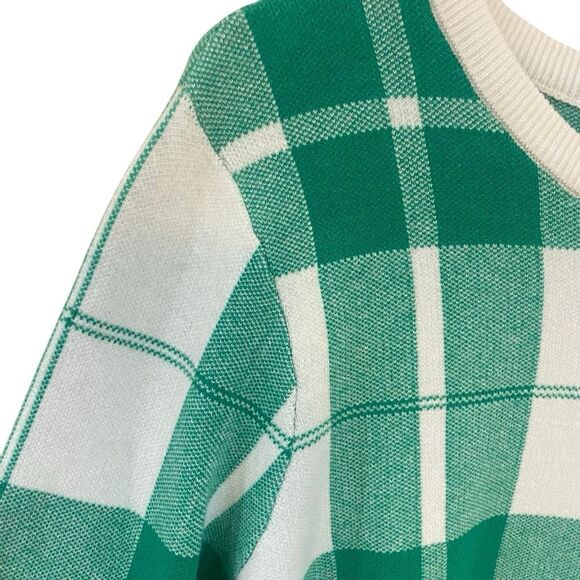 Tahari XL crew neck long sleeve sweater green and cream plaid - Picture 2 of 7